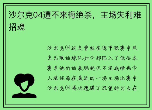 沙尔克04遭不来梅绝杀，主场失利难招魂