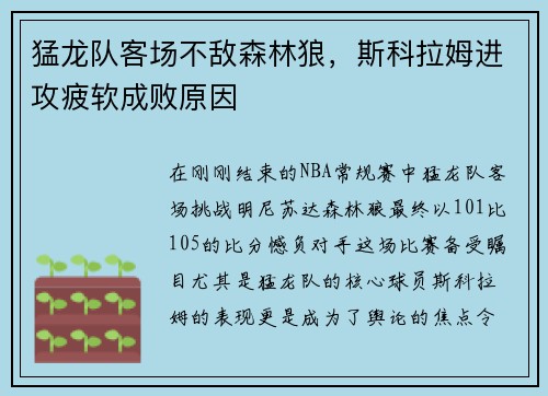 猛龙队客场不敌森林狼，斯科拉姆进攻疲软成败原因