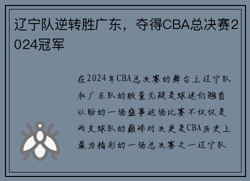 辽宁队逆转胜广东，夺得CBA总决赛2024冠军